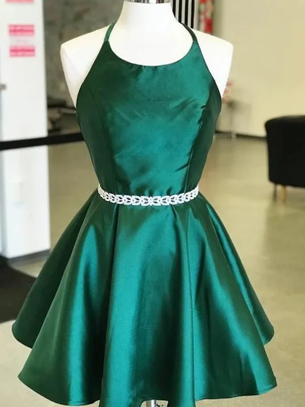 casual midi dresscasual midi dressHalter Neck Short Emerald Green Prom Dresses with Belt, Short Emerald Green Formal Graduation Homecoming Dresses