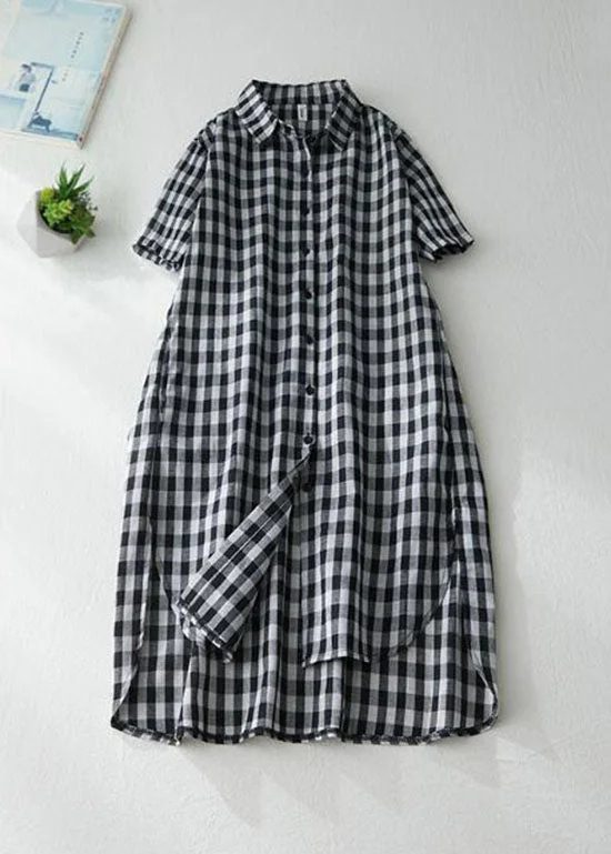 Referral Discount Stylish Black Peter Pan Collar Plaid Linen Shirts Dresses Summer
