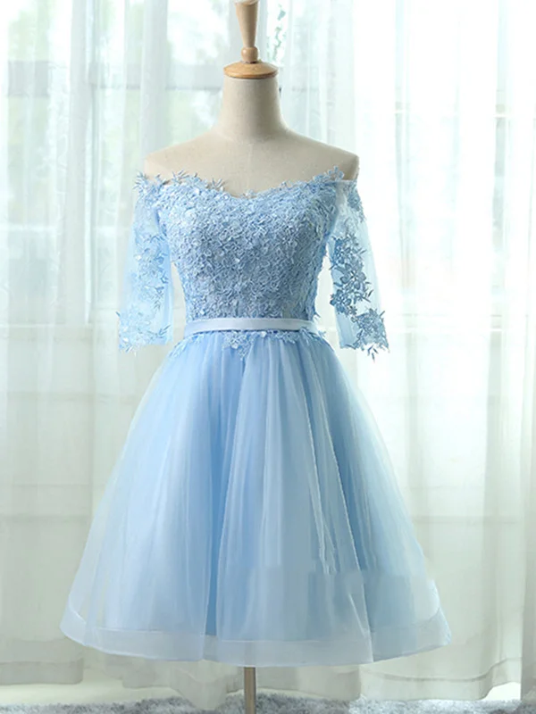 denim dressdenim dressCute Lace Short Light Blue Prom Dresses, Light Blue Homecoming Dresses, Bridesmaid Dresses