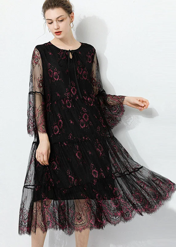 Quick Sale Fashion Black O Neck Hollow Out Lace Patchwork Tulle Dress Summer