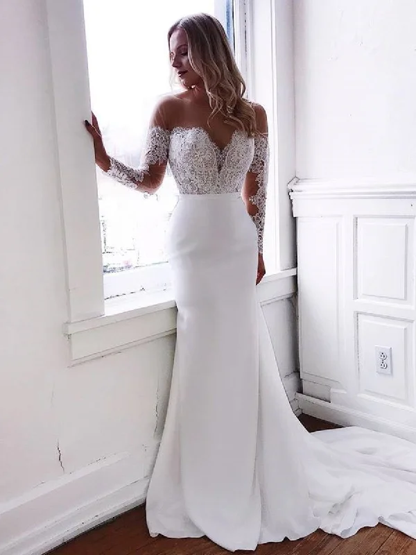 Don’t Miss Out Round Neck Mermaid Lace Top White Long Prom Wedding Dresses with Train, Mermaid White Lace Formal Dresses, Mermaid White Evening Dresses