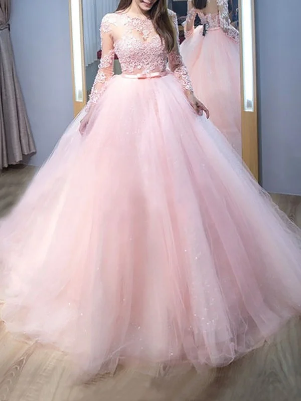 Exclusive Access Round Neck Long Sleeves Pink Lace Long Prom Dresses, Long Sleeves Pink Formal Evening Dresses, Pink Lace Ball Gown SP2180