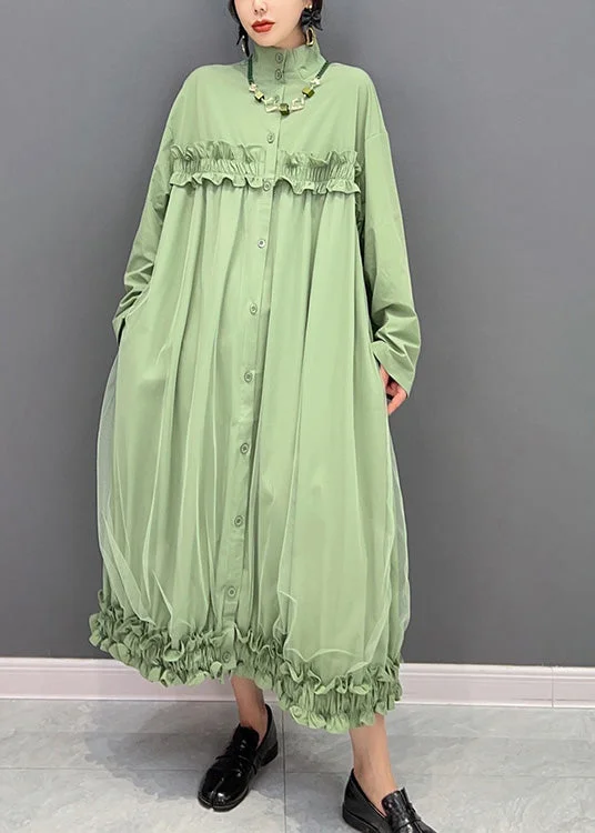 printed dressprinted dressElegant Green Stand Collar Ruffled Tulle Patchwork Button Maxi Dress Winter