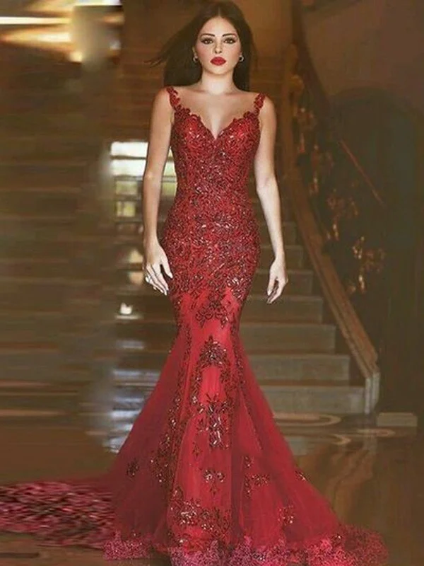 Special Savings V Neck Sleeveless Mermaid Lace Red Prom Dress With Train, Red Mermaid Formal Dress Special Savings V Neck Sleeveless Mermaid Lace Red Prom Dress With Train, Red Mermaid Formal Dress