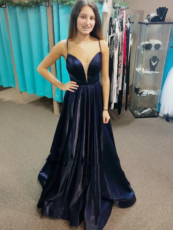 Overstock V Neck Backless Navy Blue Satin Long Prom Dresses, Long Dark Blue Formal Graduation Evening Dresses Overstock V Neck Backless Navy Blue Satin Long Prom Dresses, Long Dark Blue Formal Graduation Evening Dresses
