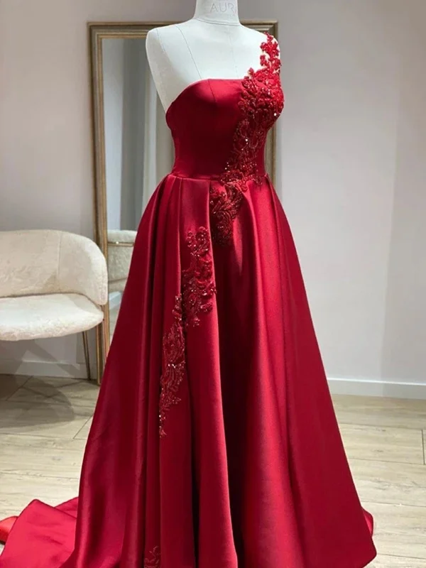 Markdowns One Shoulder Burgundy Satin Long Prom Dresses with Lace Appliques, Burgundy Lace Formal Graduation Evening Dresses SP2342 Markdowns One Shoulder Burgundy Satin Long Prom Dresses with Lace Appliques, Burgundy Lace Formal Graduation Evening Dresses SP2342