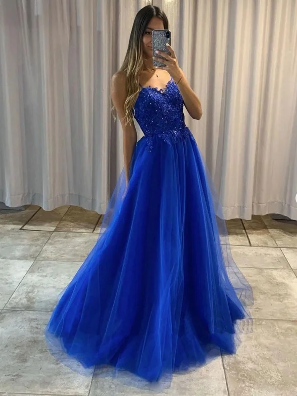 Price Buster A Line Blue Lace Beaded Long Prom Dresses, Blue Lace Formal Graduation Evening Dresses SP2121
