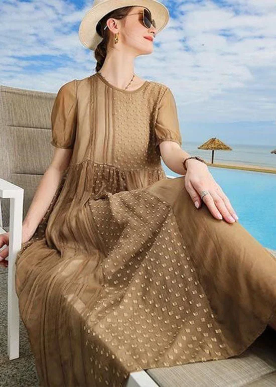 elegant shift dresselegant shift dressHandmade Brown O Neck Patchwork Silk Mid Dress Summer