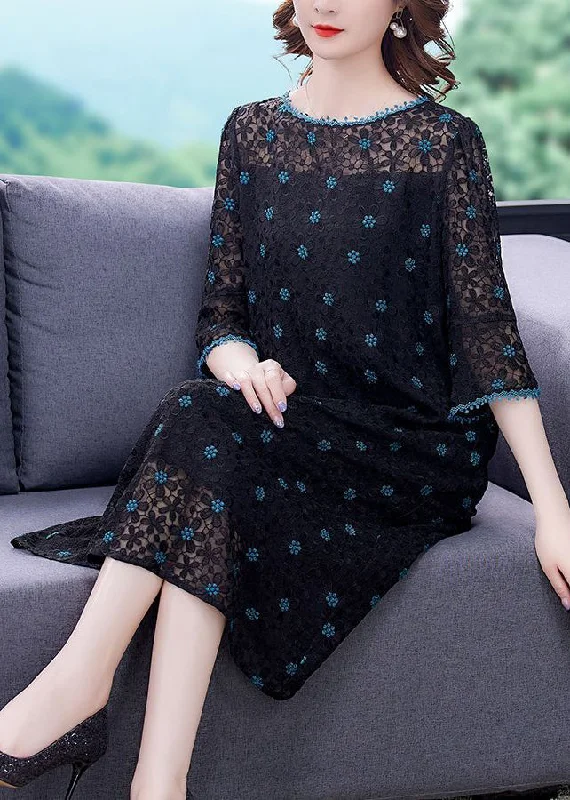 playful dressplayful dressHandmade Black Embroideried Hollow Out Silk Maxi Dresses Flare Sleeve