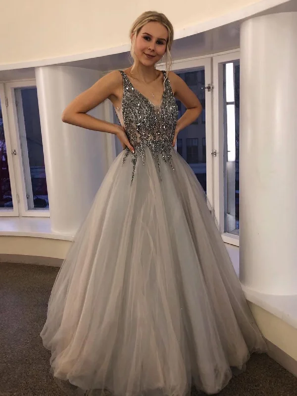 Epic Deals Gorgeous V Neck Beaded Silver Grey Long Prom Dresses, Silver Grey Beaded Formal Graduation Evening Dresses