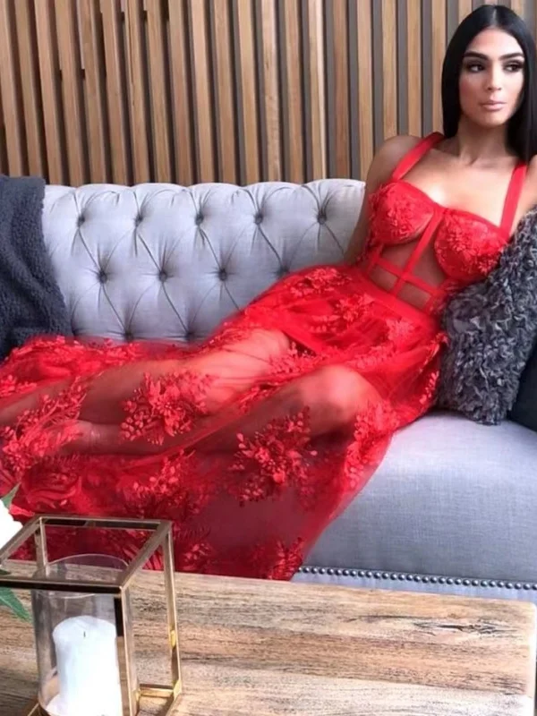 boho-chic dressboho-chic dressSexy A Line Red Lace Long Prom Dresses, Red Lace Formal Dresses, Long Red Evening Dresses SP2832