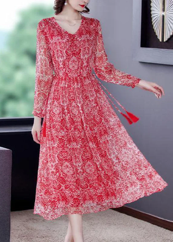 Exclusive Savings Handmade Red Cinched Print Silk Long Dress Spring