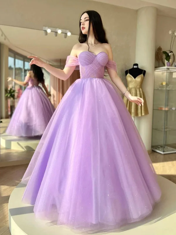 Limited Time Offer Shiny Off Shoulder Purple Tulle Long Prom Dresses, Off the Shoulder Lilac Formal Dresses, Purple Evening Dresses SP2552