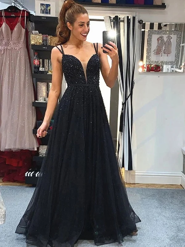 Price Meltdown Elegant A Line V Neck Backless Beaded Top Black Long Prom Dresses, V Neck Backless Black Formal Graduation Evening Dresses