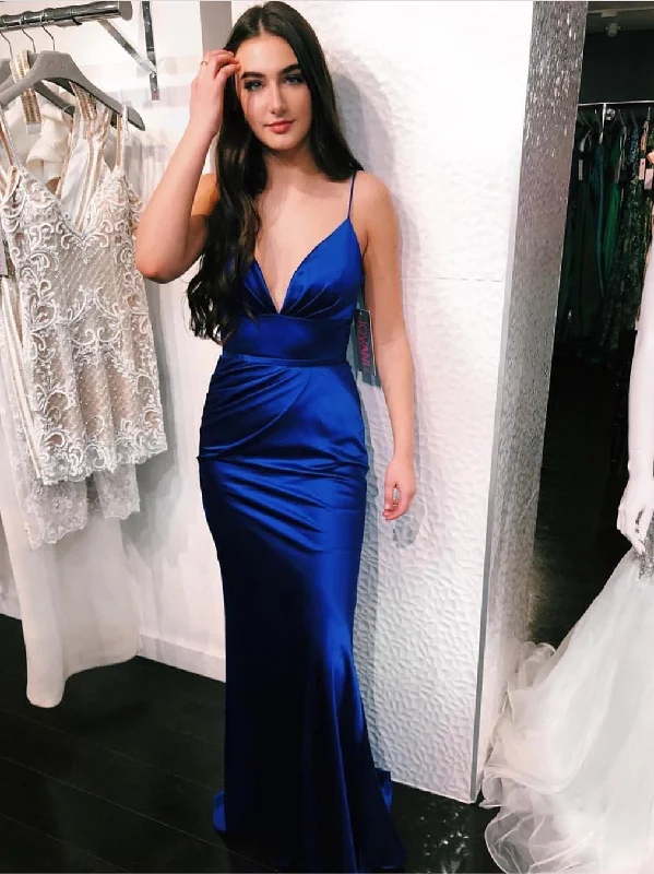 Low Prices V Neck Spaghetti Straps Mermaid Long Royal Blue Prom Dresses, Mermaid Royal Blue Long Formal Dresses, Royal Blue Evening Dresses
