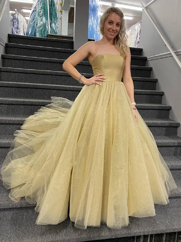 Overstock Sale Shiny Strapless Champagne Tulle Long Prom Dresses, Champagne Formal Evening Dresses, Ball Gown Overstock Sale Shiny Strapless Champagne Tulle Long Prom Dresses, Champagne Formal Evening Dresses, Ball Gown