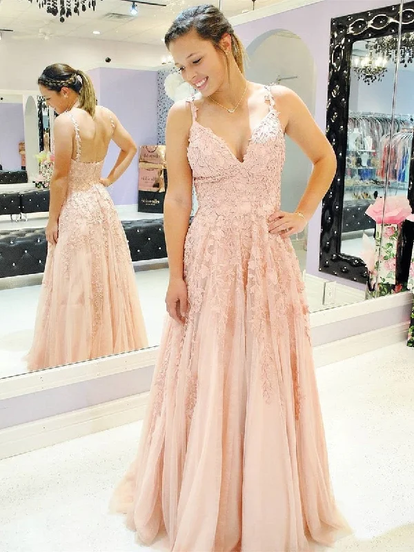 Savings Event A Line V Neck Spaghetti Straps Lace Appliques Pink Prom Dresses, V Neck Lace Pink Formal Dresses, Pink Evening Dresses
