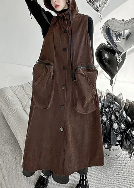 casual evening dresscasual evening dressPlus Size Chocolate Hooded Big Pockets Cotton Long Vest Spring