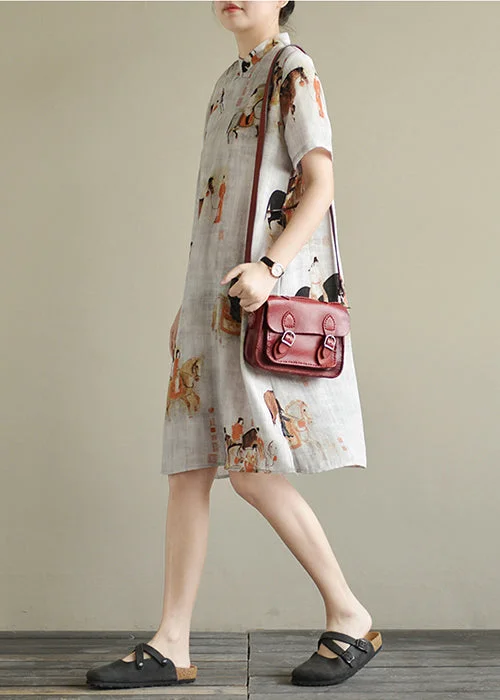 Grand Opening Sale Vintage White Print Oriental Button Linen Dress Short Sleeve