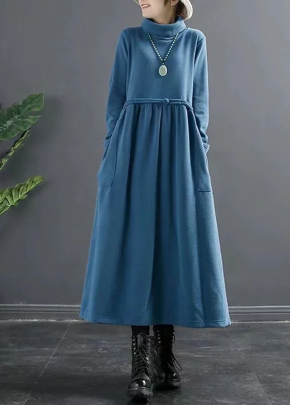 Unbeatable Prices Italian Blue Hign Neck Lace Up Patchwork Cotton Long Dresses Fall