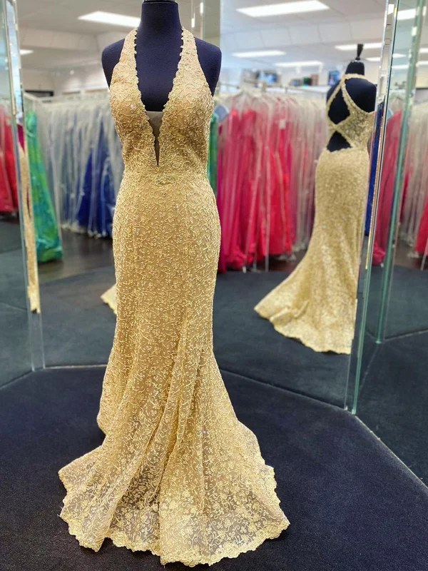 textured dresstextured dressMermaid V Neck Open Back Golden Lace Long Prom Dresses, Mermaid Golden Formal Dresses, Golden Lace Evening Dresses SP2141