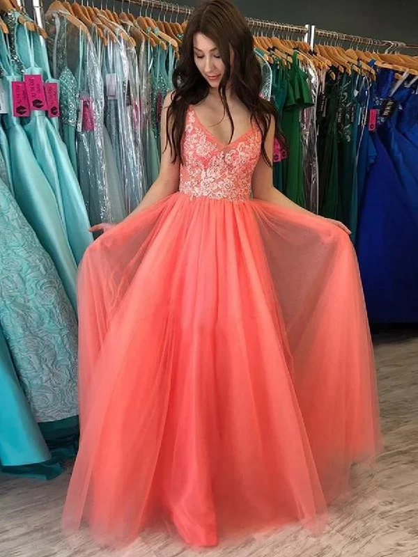 Final Clearance A Line V Neck Backless Coral Lace Long Prom Dresses, Backless Coral Lace Formal Dresses, Coral Lace Evening Dresses