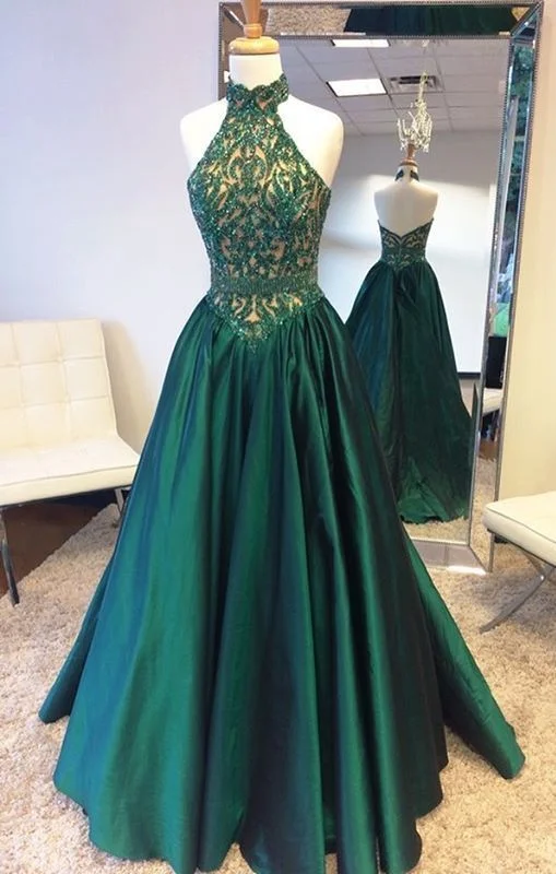 pleated maxi dresspleated maxi dressA line Sexy Open Back Halter Neckline Dark Green Prom Dress