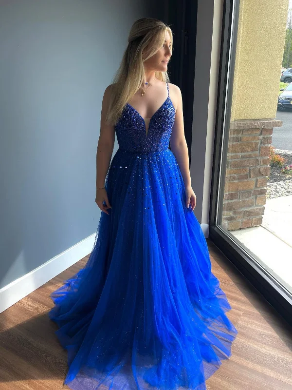 summer dresssummer dressV Neck Open Back Beaded Blue Prom Dresses Long, Blue Formal Graduation Evening Dresses with Beadings SP2675