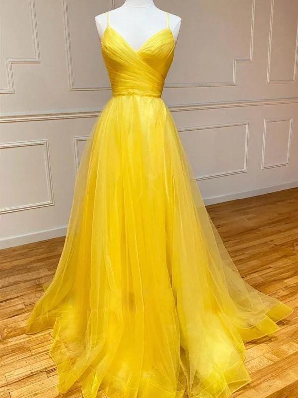 Hurry In Simple V Neck Backless Yellow Tulle Long Prom Dresses, V Neck Yellow Long Formal Evening Dresses Hurry In Simple V Neck Backless Yellow Tulle Long Prom Dresses, V Neck Yellow Long Formal Evening Dresses