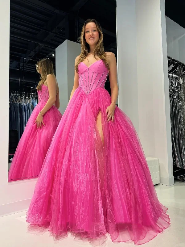 sleek midi dresssleek midi dressA Line Strapless Hot Pink Tulle Long Prom Dresses with High Slit, Long Hot Pink Formal Graduation Evening Dresses SP3034