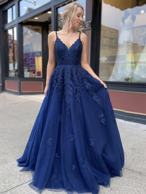 cocktail dresscocktail dressA Line V Neck Backless Navy Blue Lace Prom Dresses 2020, Backless Navy Blue Lace Formal Dresses, Navy Blue Lace Evening Dresses