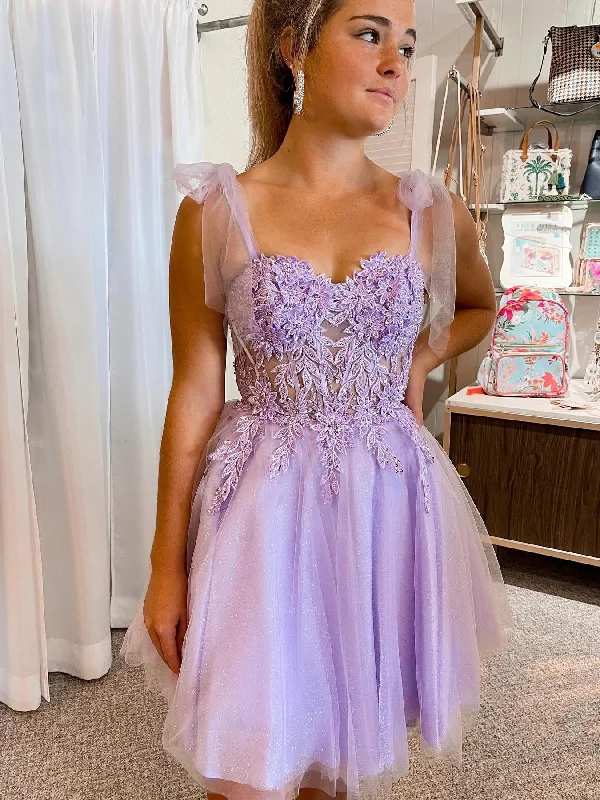 casual day dresscasual day dressSweetheart Neck Purple Lace Prom Dresses, Lilac Lace Homecoming Dresses, Short Purple Formal Evening Dresses SP2684