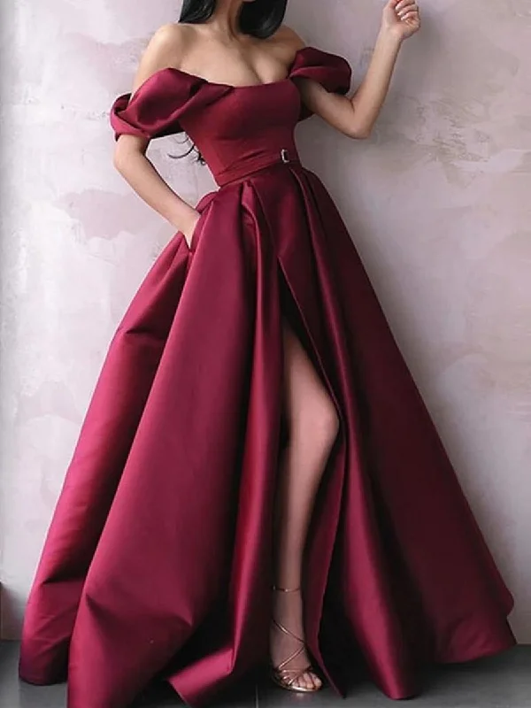 Discount Extravaganza Off Shoulder Burgundy Satin Long Prom Dresses with High Slit, Burgundy Formal Graduation Evening Dresses, Wine Red Ball Gown Discount Extravaganza Off Shoulder Burgundy Satin Long Prom Dresses with High Slit, Burgundy Formal Graduation Evening Dresses, Wine Red Ball Gown