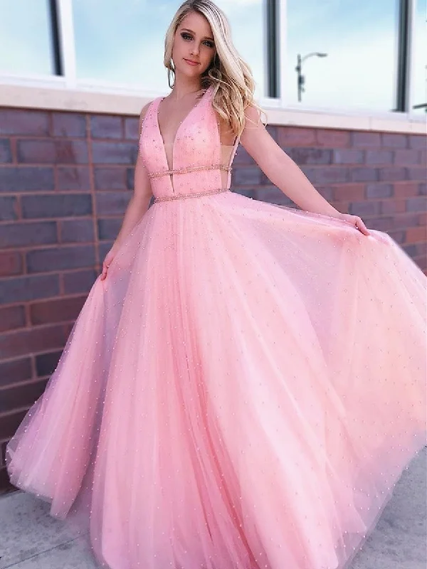 Can't Miss A Line V Neck Beaded Tulle Long Pink Prom Dresses with Beadings, V Neck Pink Formal Dresses, Pink Evening Dresses