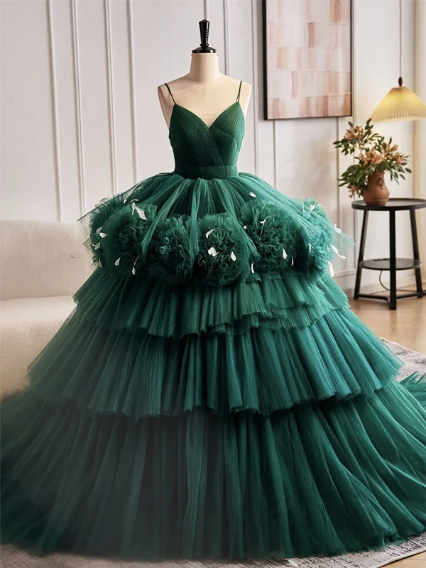 cocktail dresscocktail dressGorgeous Open Back V Neck Layered Green Tulle Long Prom Dresses, V Neck Green Formal Evening Dresses, Green Ball Gown SP2884