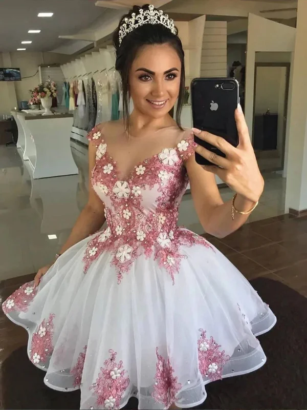 sophisticated dresssophisticated dressRound Neck Short White Prom Dresses with Lace Flowers, Lace Floral Homecoming Dresses, White Formal Evening Dresses SP2460