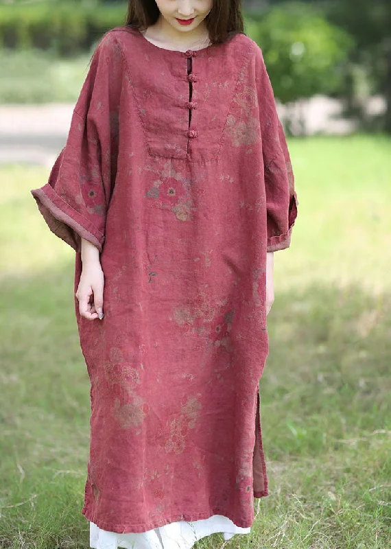 luxury dressluxury dressBoutique Red O-Neck Oversized Print Linen Dress Spring