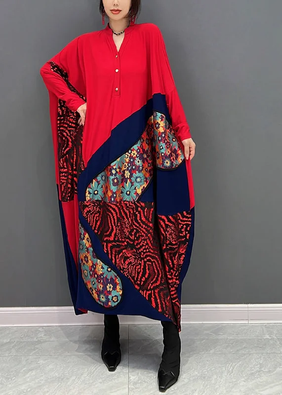 elegant evening dresselegant evening dressLoose Red V Neck Print Patchwork Button Maxi Dresses Fall