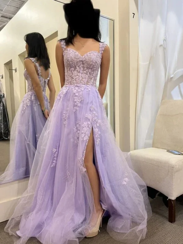 elegant evening dresselegant evening dressOpen Back Lilac Lace Long Prom Dresses with High Slit, Purple Lace Tulle Formal Evening Dresses, Lilac Ball Gown SP2475