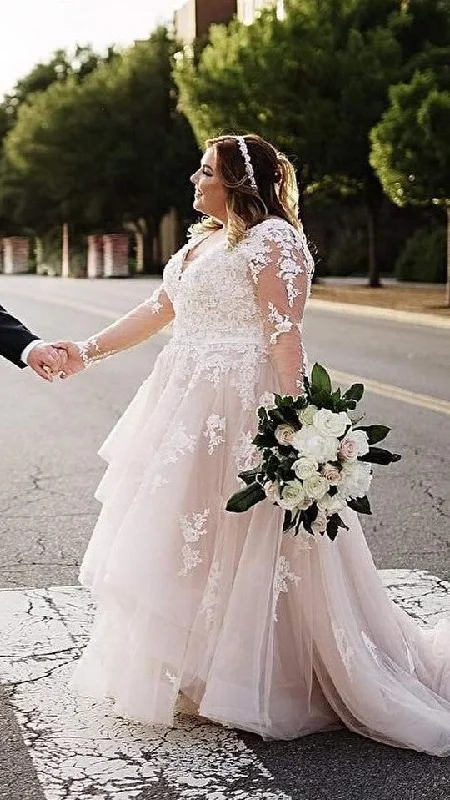 mini dressmini dressLong Sleeve Lace Plus Size Blush Wedding Dress With Detachable Beaded Band