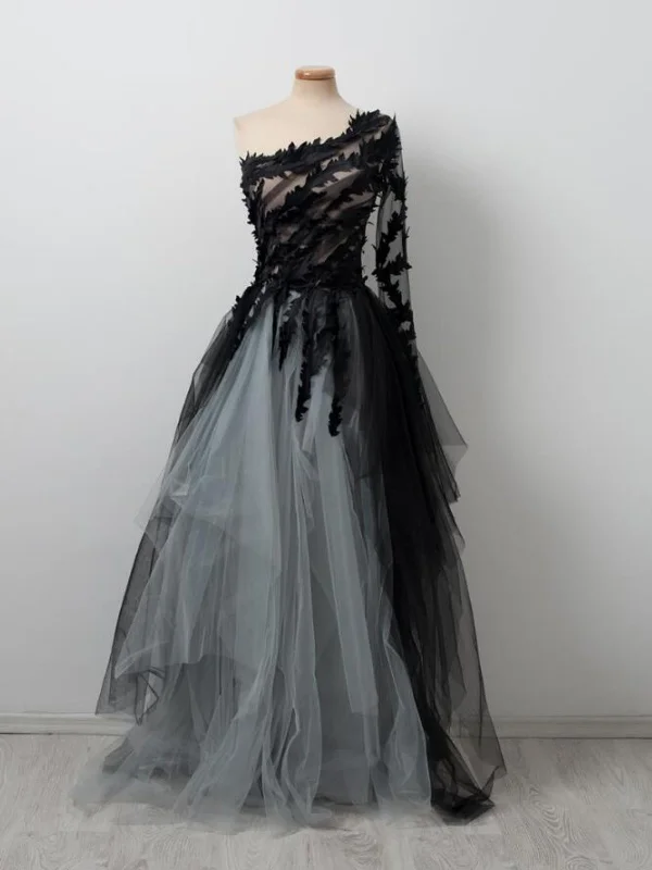 playful dressplayful dressOne Shoulder Long Sleeves Black Lace Gray Long Prom Dresses, Black Lace Formal Dresses, Gray Evening Dresses SP2837