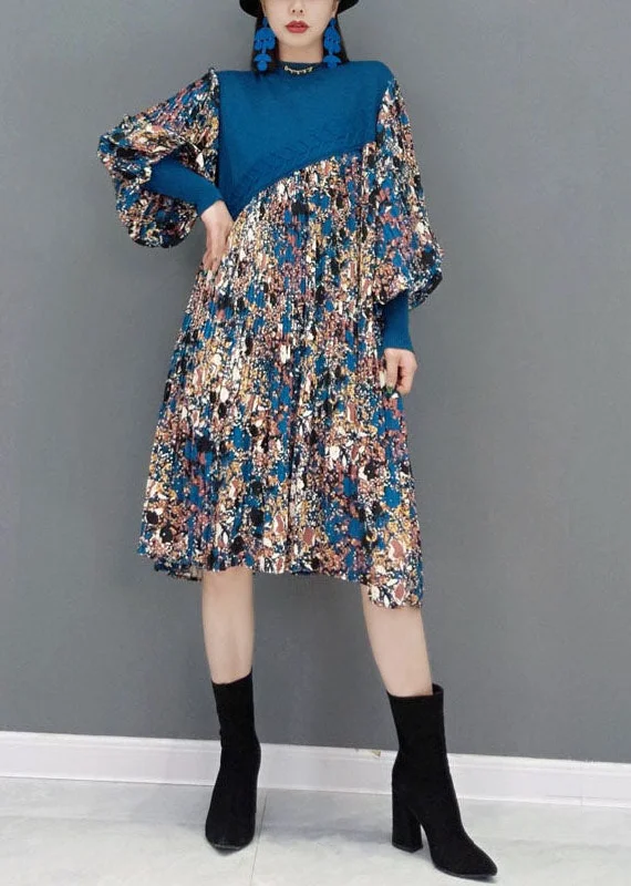 long-sleeve floral dresslong-sleeve floral dressArt Blue Stand Collar Patchwork Print Chiffon Dresses Lantern Sleeve