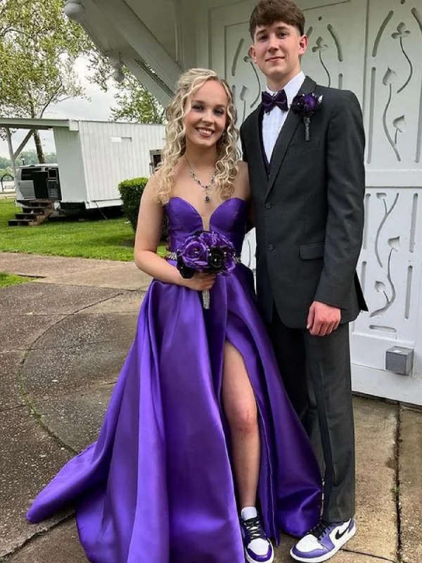 pleated dresspleated dressV Neck Purple Satin Long Prom Dresses with Belt, V Neck Purple Formal Dresses, Purple Evening Dresses SP2711