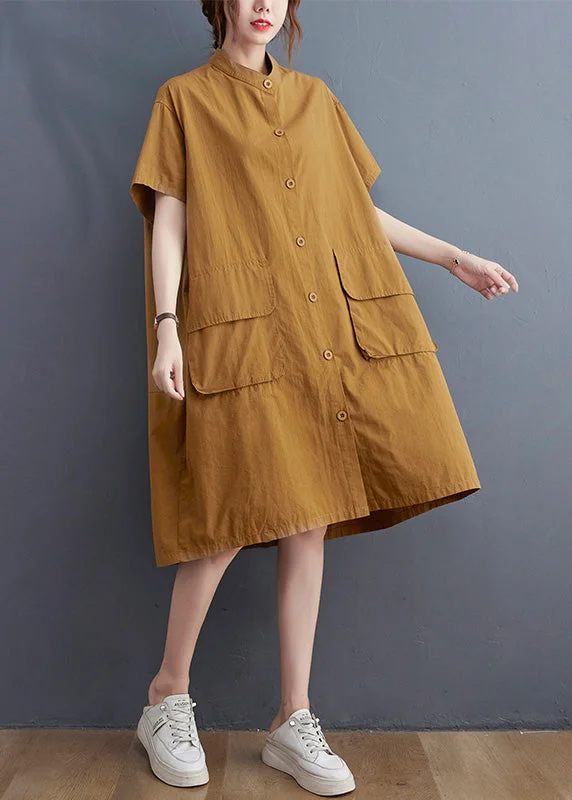 Overstock Women Yellow Stand Collar Patchwork Button Cotton Long Shirts Dress Short Sleeve