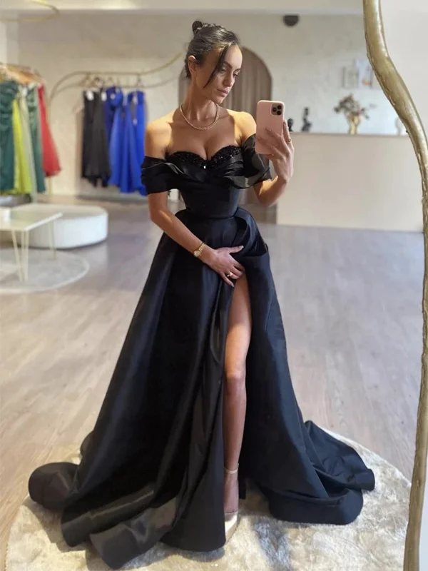 wool dresswool dressOff Shoulder Black Satin Long Prom Dresses with High Slit, Black Formal Dresses with Sequins Top, Black Evening Dresses SP2834