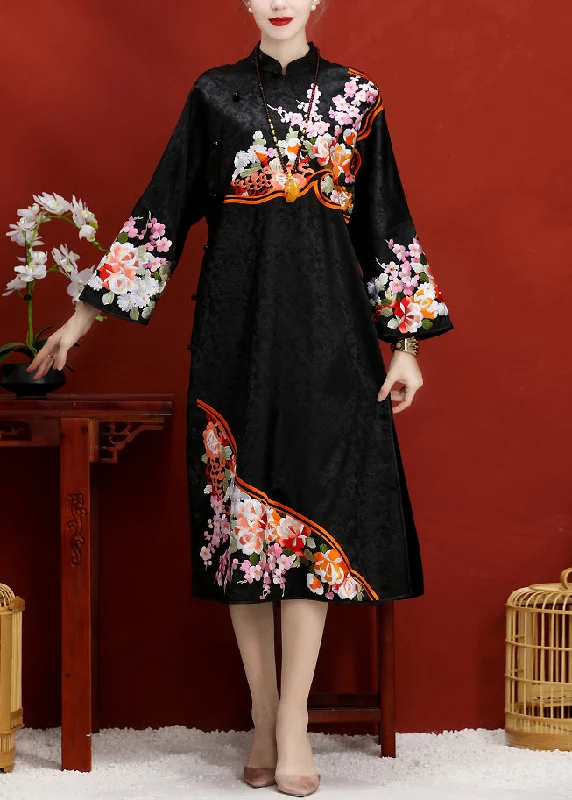 oversized dressoversized dressJacquard Black Embroideried Button Side Open Silk Maxi Dress Long Sleeve