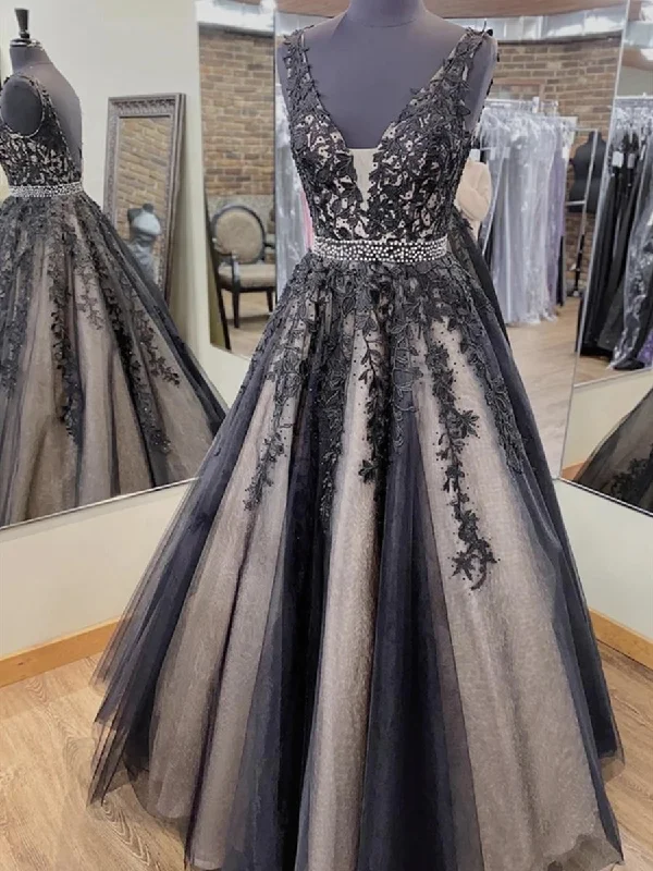 Lowest Price V Neck Backless Black Lace Long Prom Dresses, Backless Black Formal Dresses, Black Lace Evening Dresses
