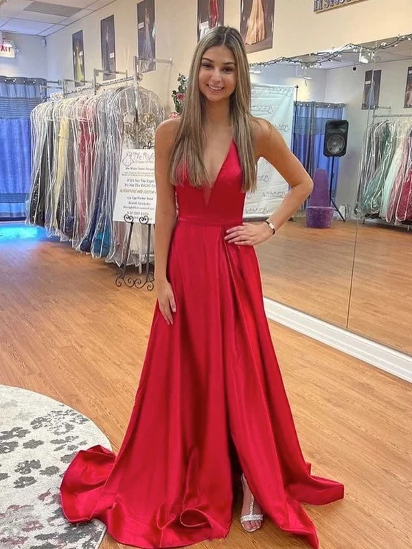 Can't Be Beat Simple V Neck Backless Red Satin Long Prom Dresses with High Slit, V Neck Red Formal Graduation Evening Dresses SP2126