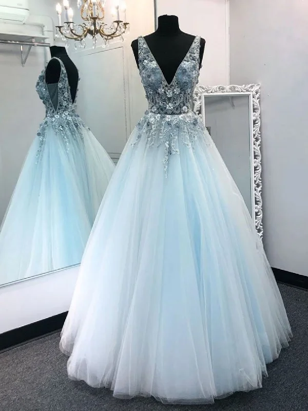 Stock Clearance V Neck Tulle Floral Lace Appliques Long Sky Blue Prom Dresses, V Neck Sky Blue Formal Dresses, Blue Evening Dresses, Ball Gowns