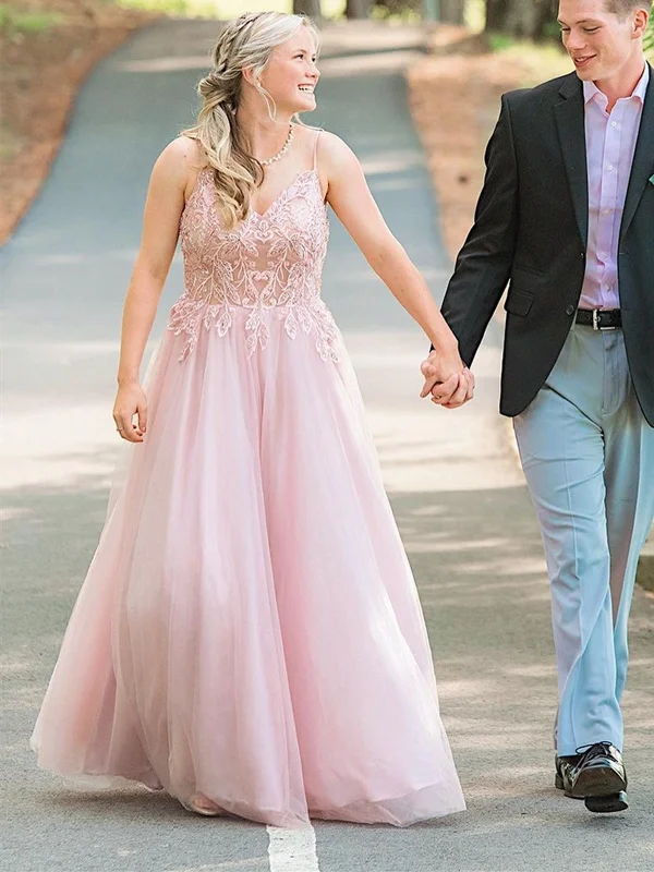 Mega Deal V Neck Backless Pink Lace Long Prom Dresses, Backless Pink Formal Dresses, Pink Lace Evening Dresses SP2165